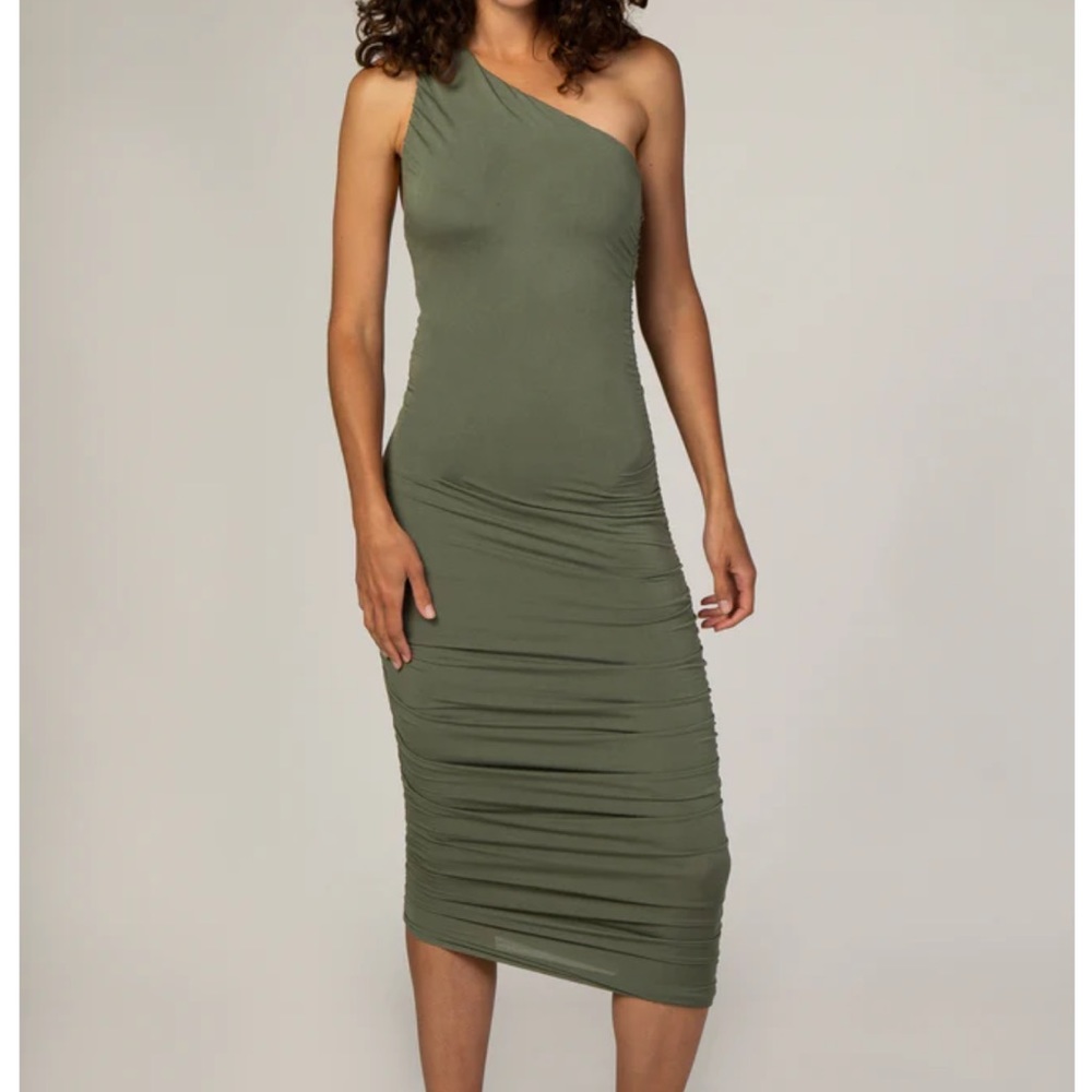 PinkBlush Olive Ruched One Shoulder Maternity Dress